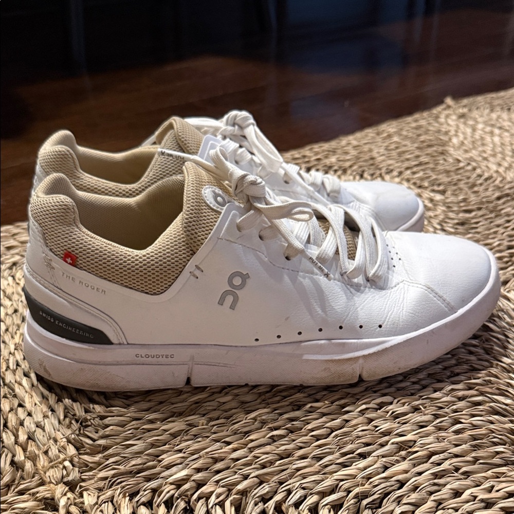On Running White and Beige Tennis Shoes
